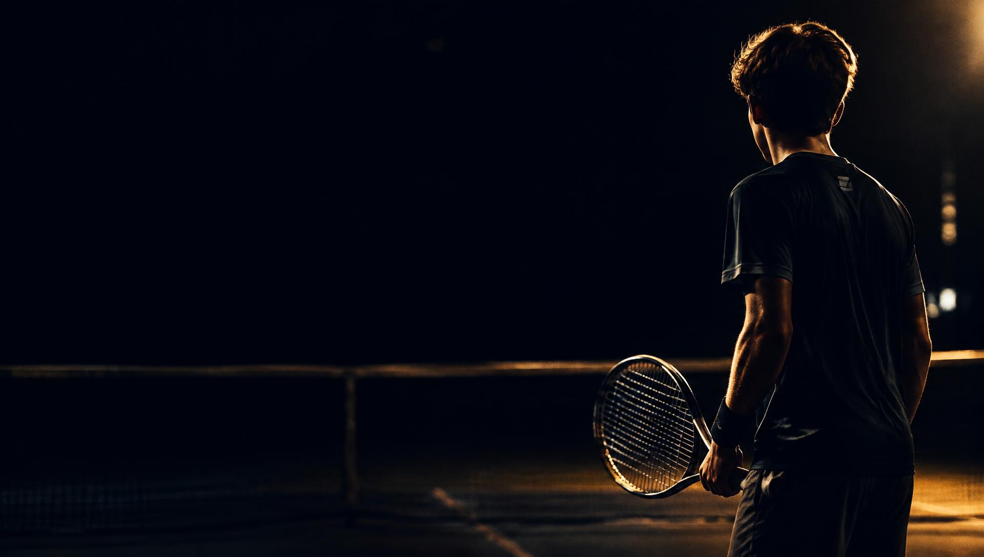Jeune joueur de tennis sur un court sombre, raquette à la main