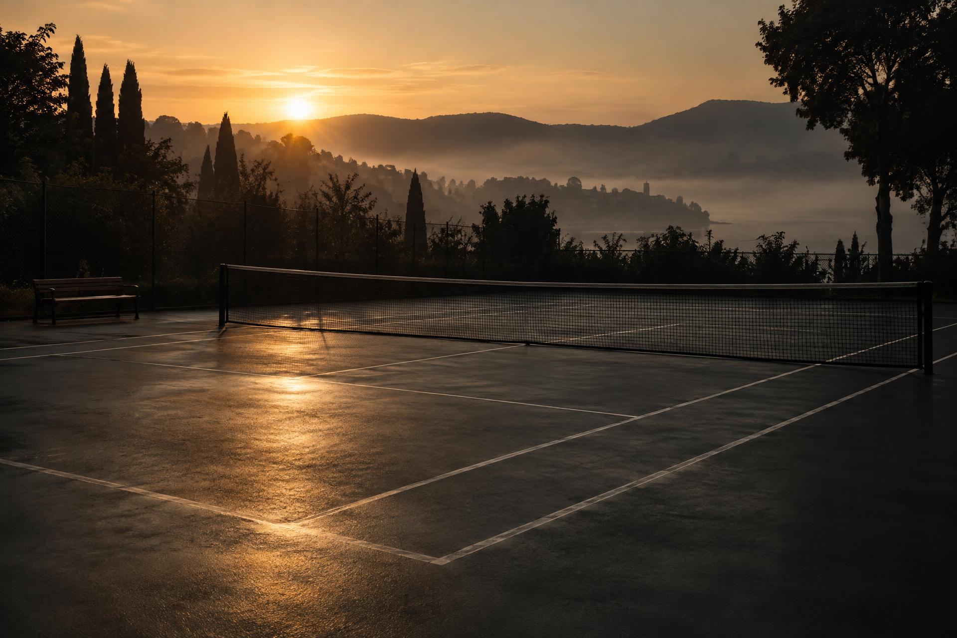 Court de tennis à l'aube, atmosphère calme