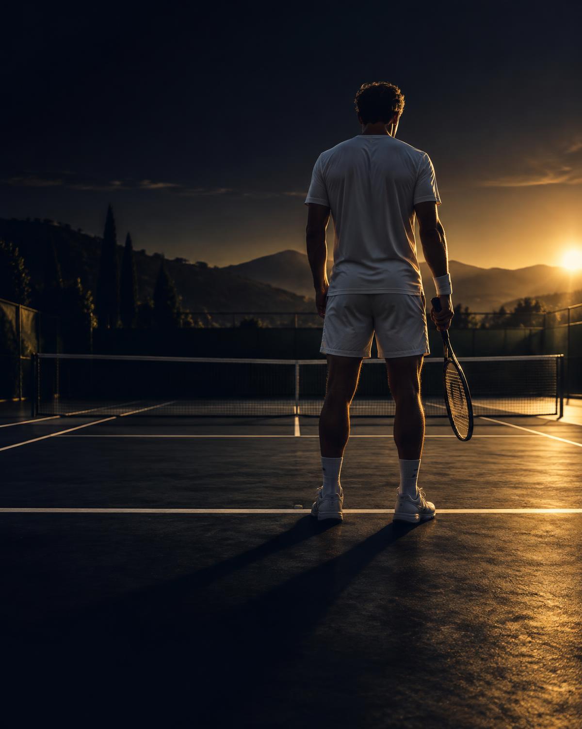 Joueur de tennis vu de dos face au court, raquette à la main